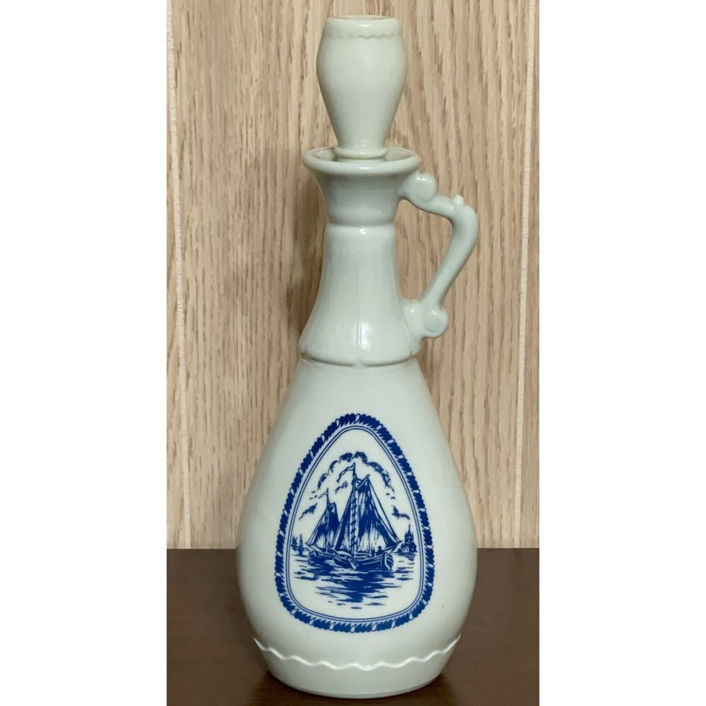 1963 Milk Glass Jim Beam Decanter w/Delft Blue Sailing Ships & Embossed Windmill